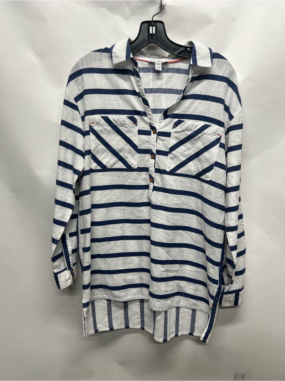 Tribal Tunic Shirt Size XS Blue White Striped Half Button High Low Hem